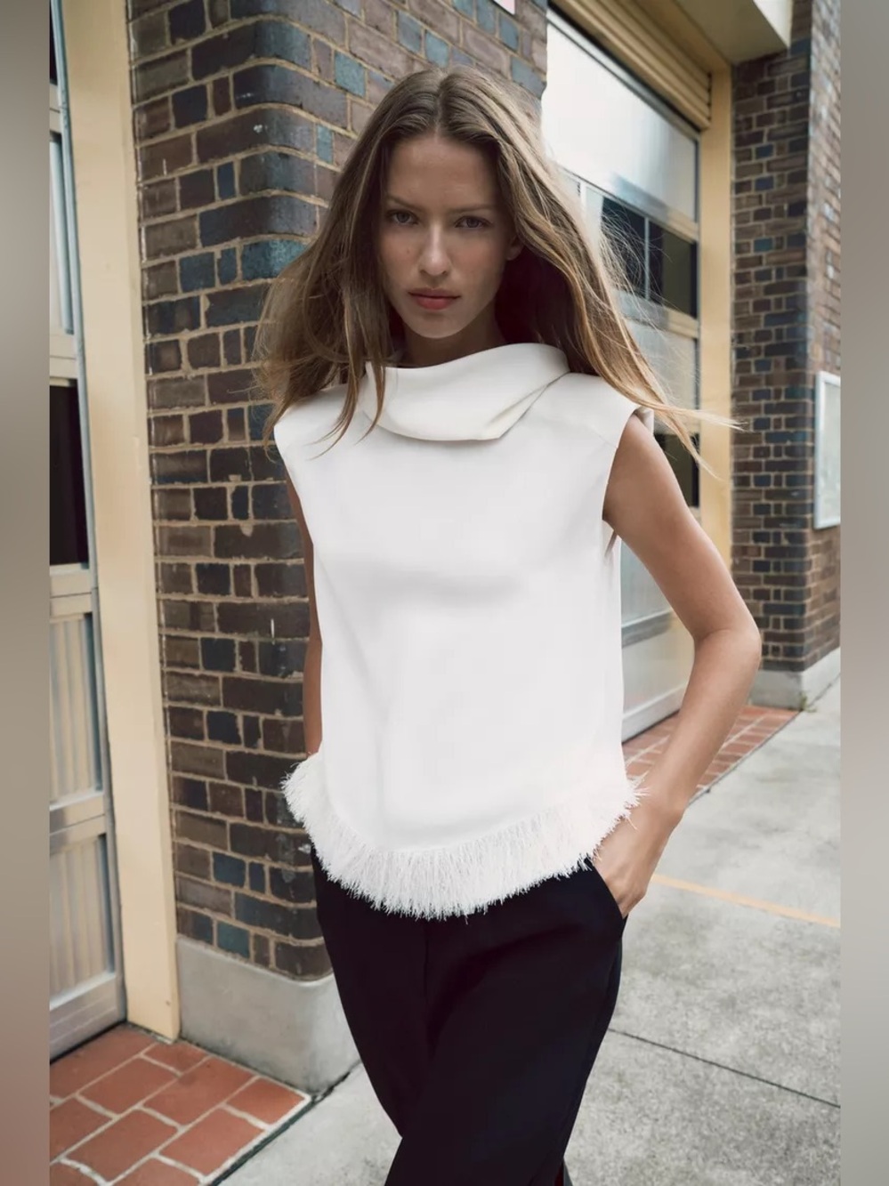 Zara Cream Sleeveless Fringe Hem  Top